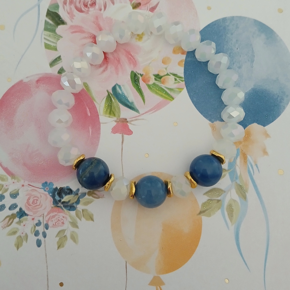 Blue and White Beaded Bracelet with Gold Accents(Handmade)